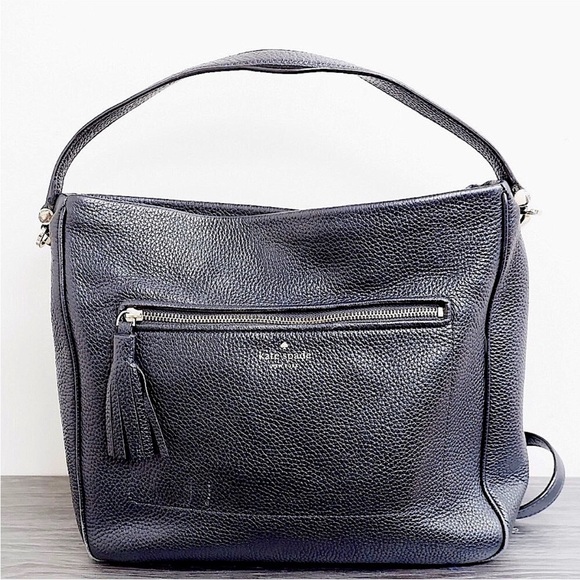 KATE SPADE PEBBLED BLACK LEATHER BAG WITH TASSEL♠️ - Picture 1 of 12